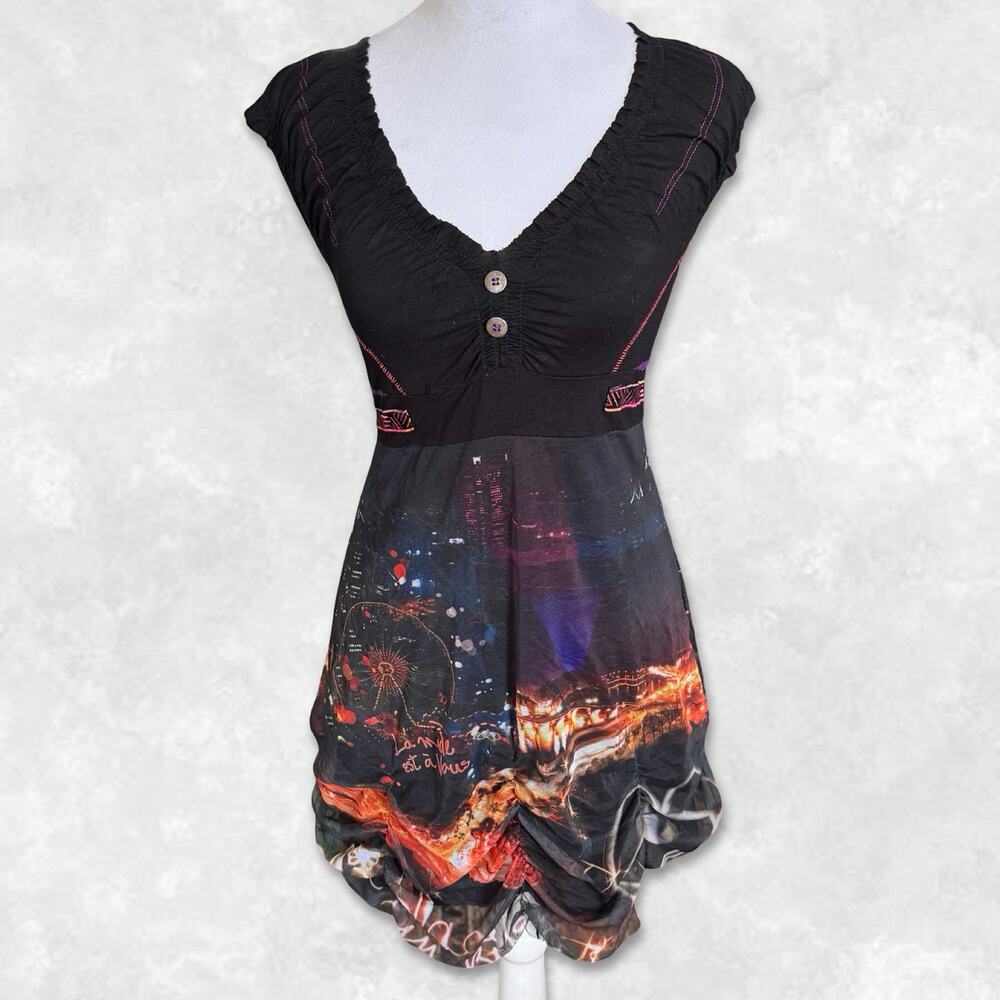 Y2K Euro Ferris Wheel Micro Mesh Bubble Hem Babydoll Dress Size S-M